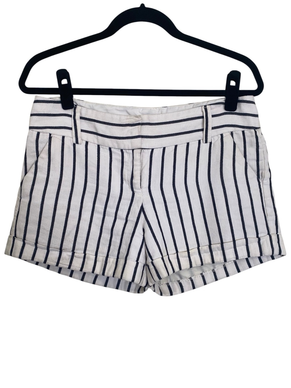 Express Linen Blend Striped Shorts Women’s 8 White Black Cuffed Nautical